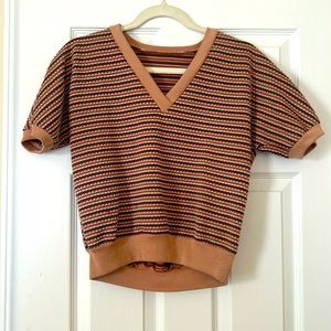Textured striped vintage v-neck sweater tee - boxy cropped